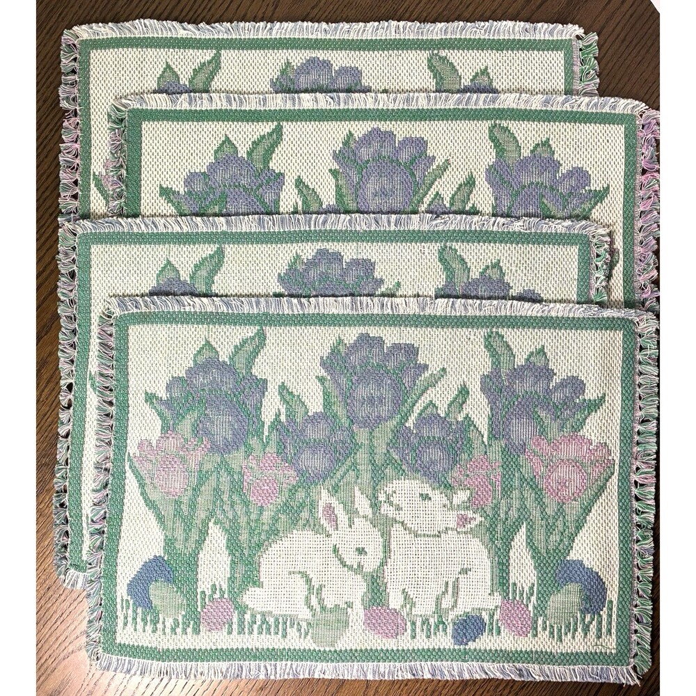 Park B Smith Bunny Rabbits & Easter Tulips (4) Needlepoint Tapestry Placemats